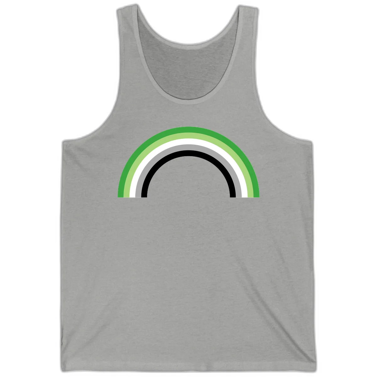 Minimalist rainbow arc design with five concentric colored semicircles in green, light green, white, gray, and black stripes in Athletic Heather