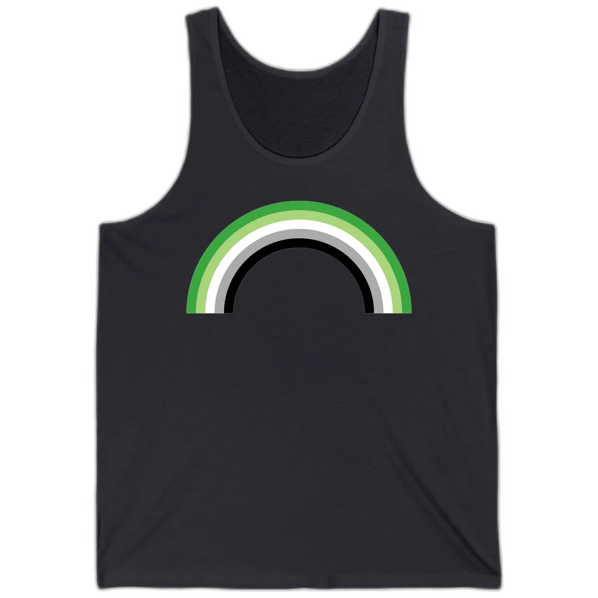 Minimalist rainbow arc design with five concentric colored semicircles in green, light green, white, gray, and black stripes in Dark Grey