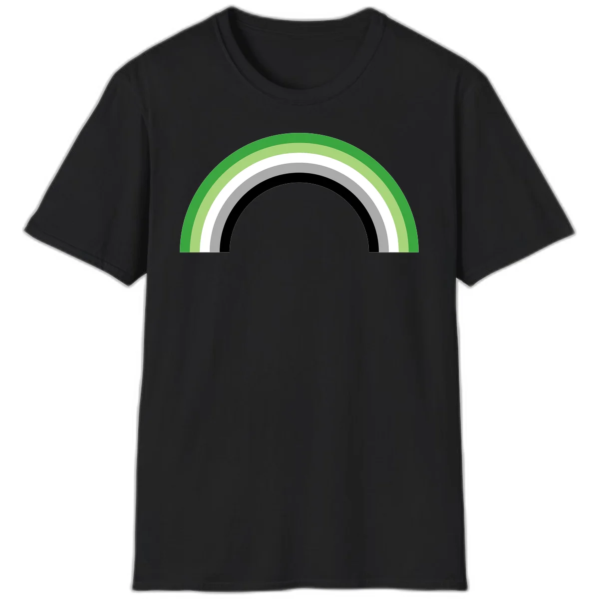 Minimalist rainbow arc design with five concentric colored semicircles in green, light green, white, gray, and black stripes in Black