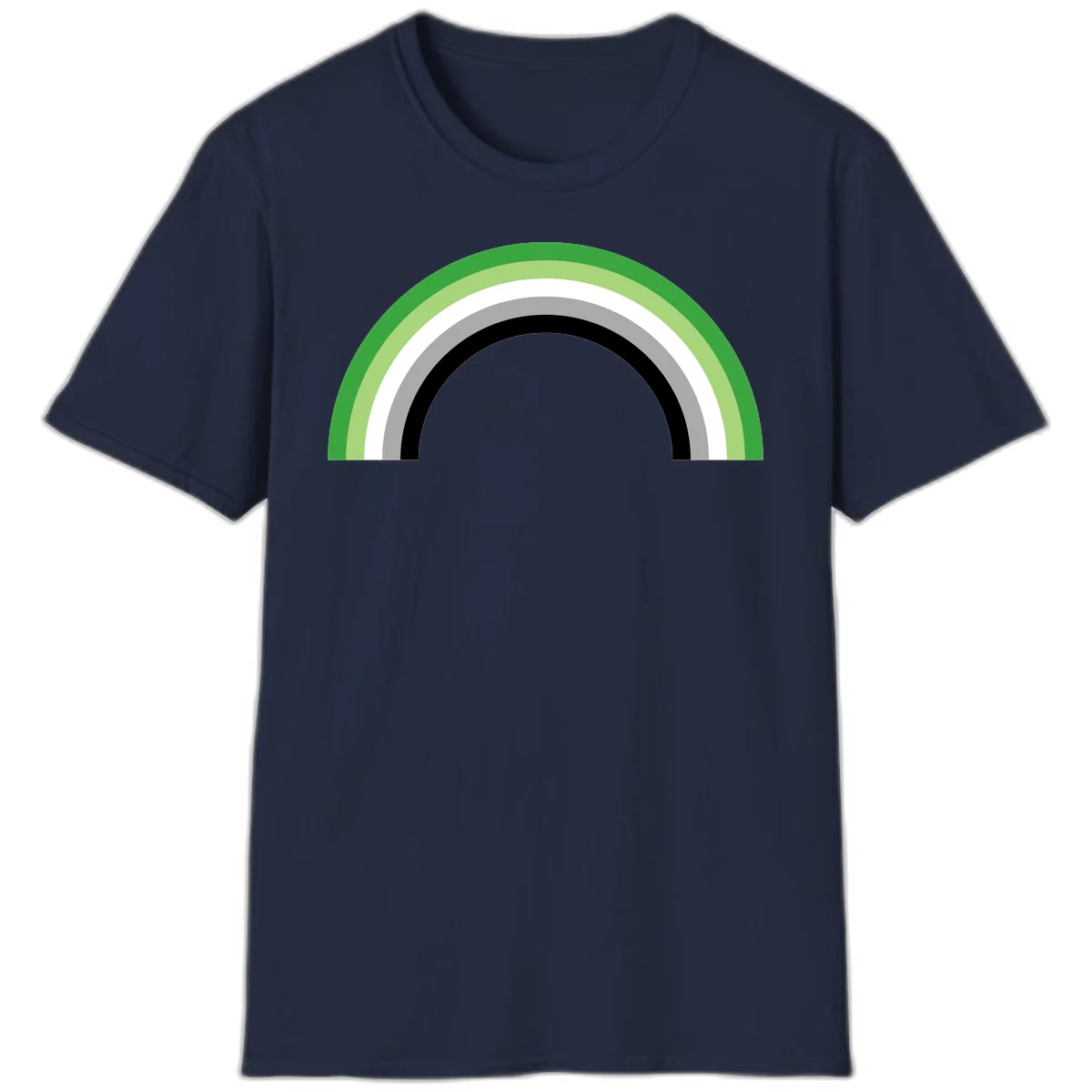 Minimalist rainbow arc design with five concentric colored semicircles in green, light green, white, gray, and black stripes in Navy