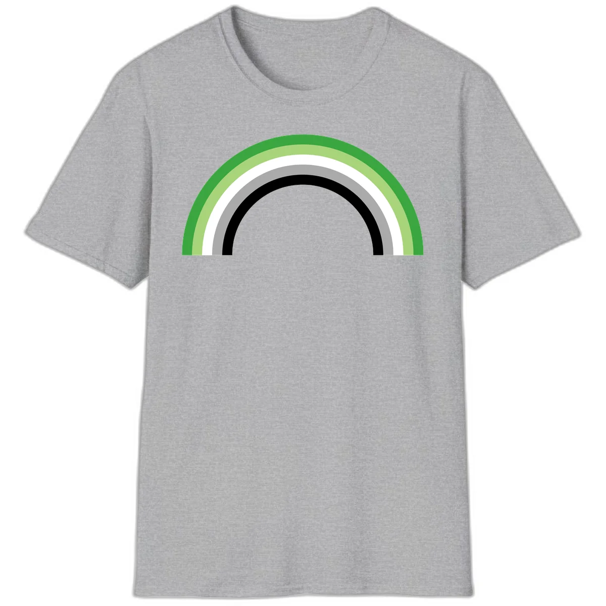 Minimalist rainbow arc design with five concentric colored semicircles in green, light green, white, gray, and black stripes in Sport Grey