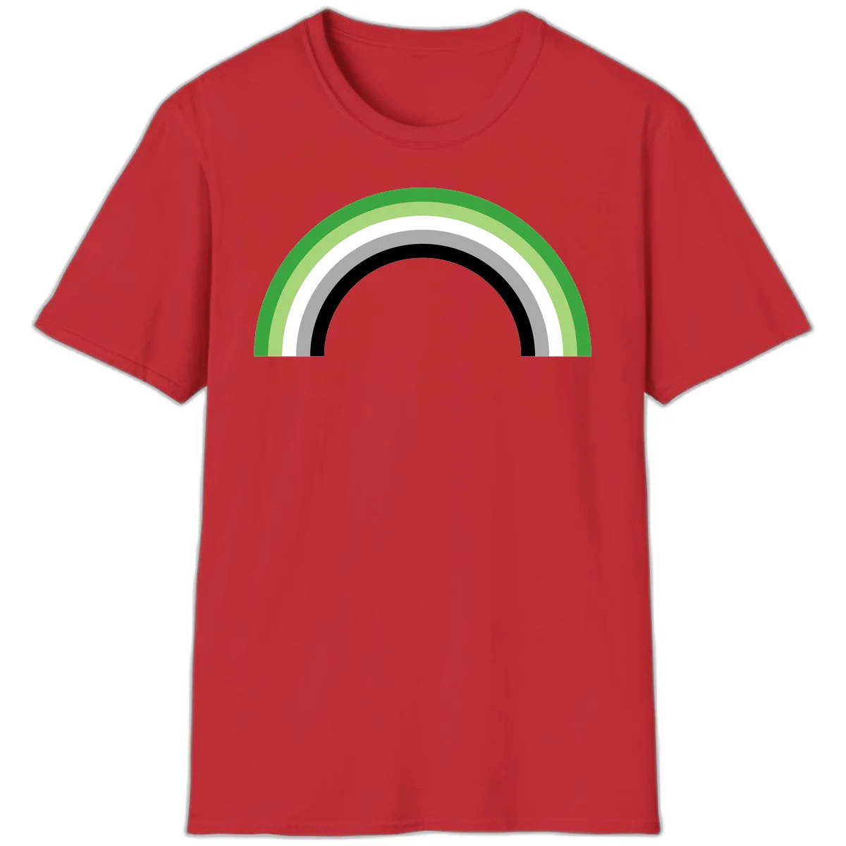 Minimalist rainbow arc design with five concentric colored semicircles in green, light green, white, gray, and black stripes in Red