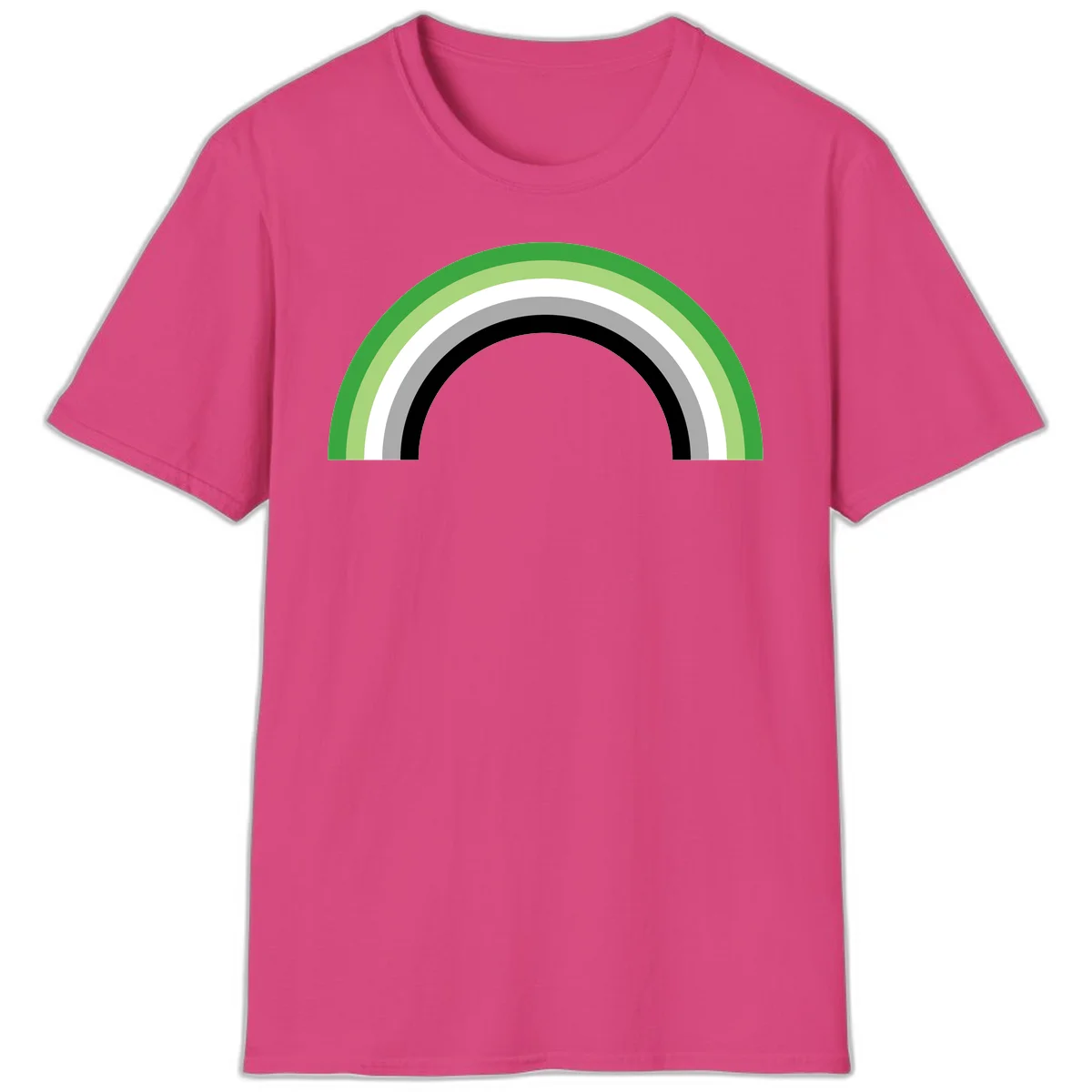 Minimalist rainbow arc design with five concentric colored semicircles in green, light green, white, gray, and black stripes in Heliconia