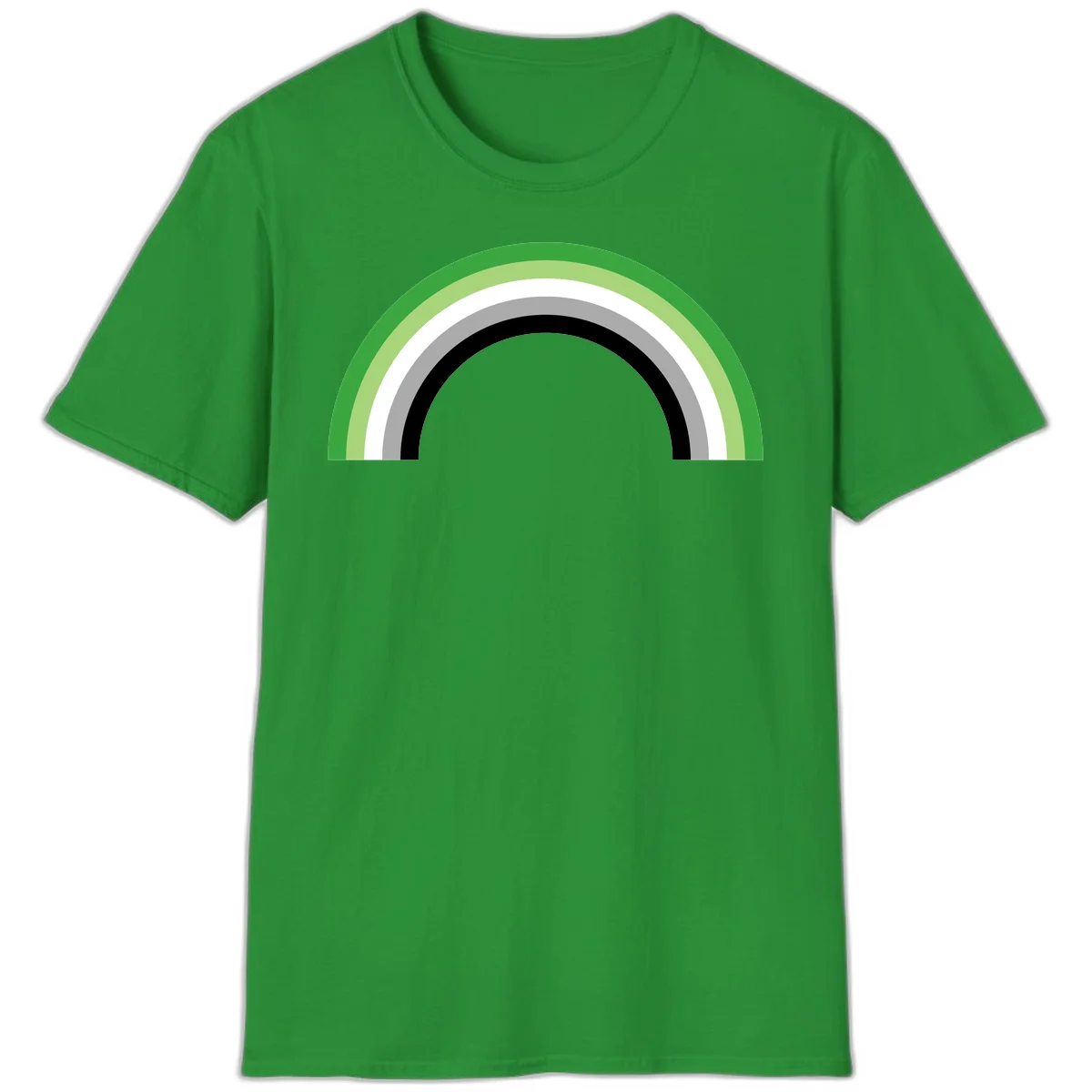 Minimalist rainbow arc design with five concentric colored semicircles in green, light green, white, gray, and black stripes in Irish Green
