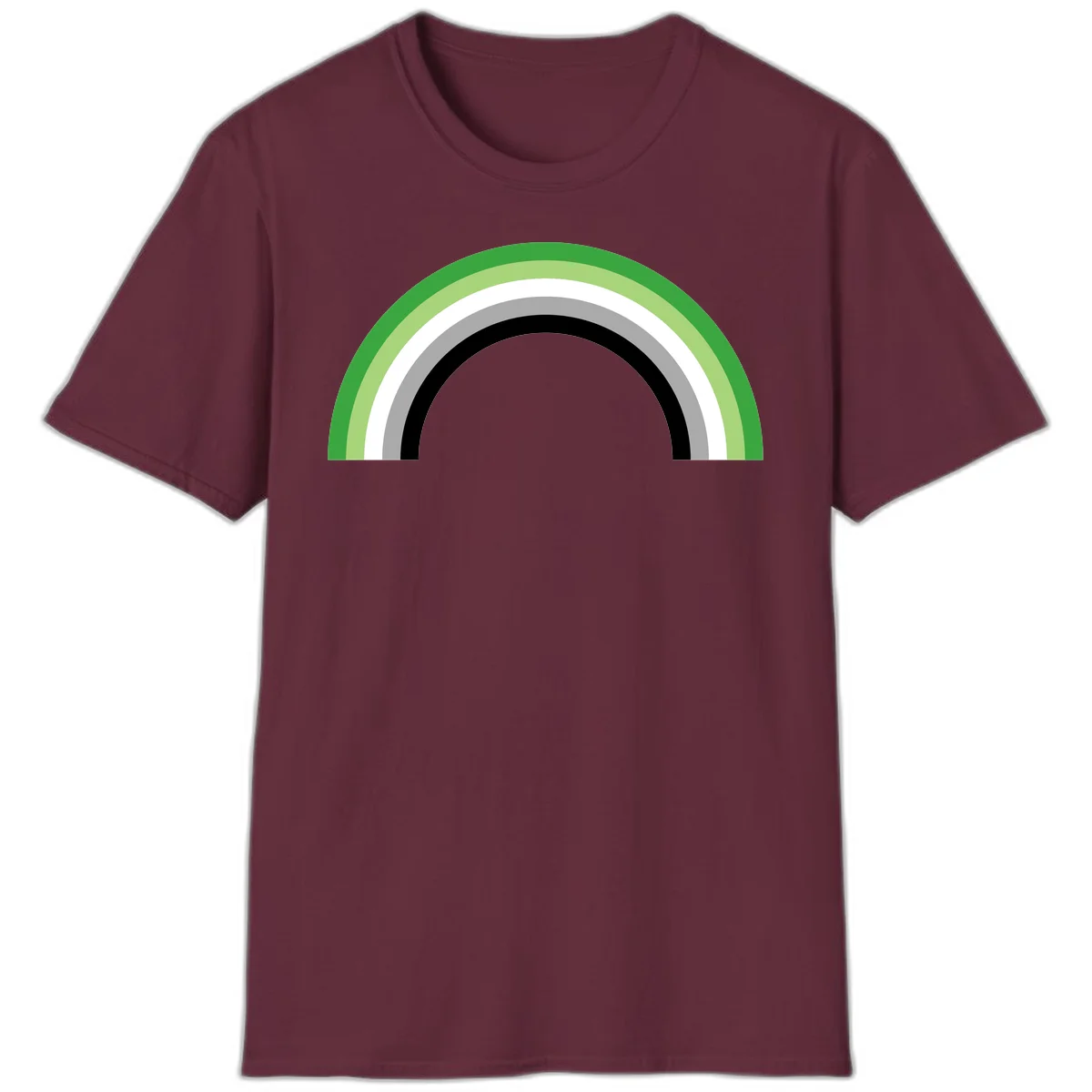 Minimalist rainbow arc design with five concentric colored semicircles in green, light green, white, gray, and black stripes in Maroon