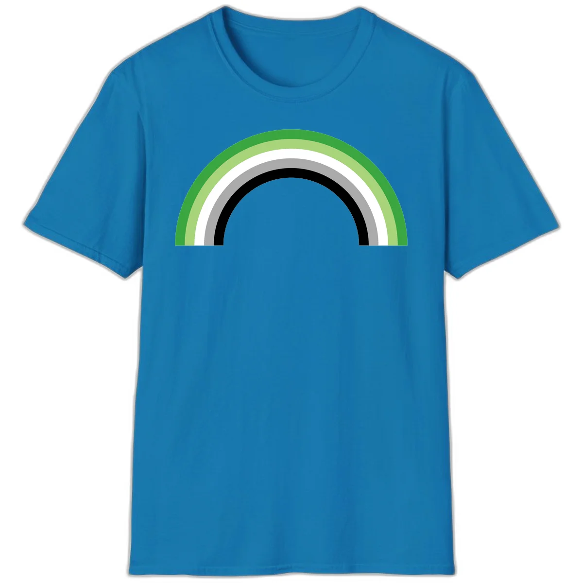 Minimalist rainbow arc design with five concentric colored semicircles in green, light green, white, gray, and black stripes in Sapphire