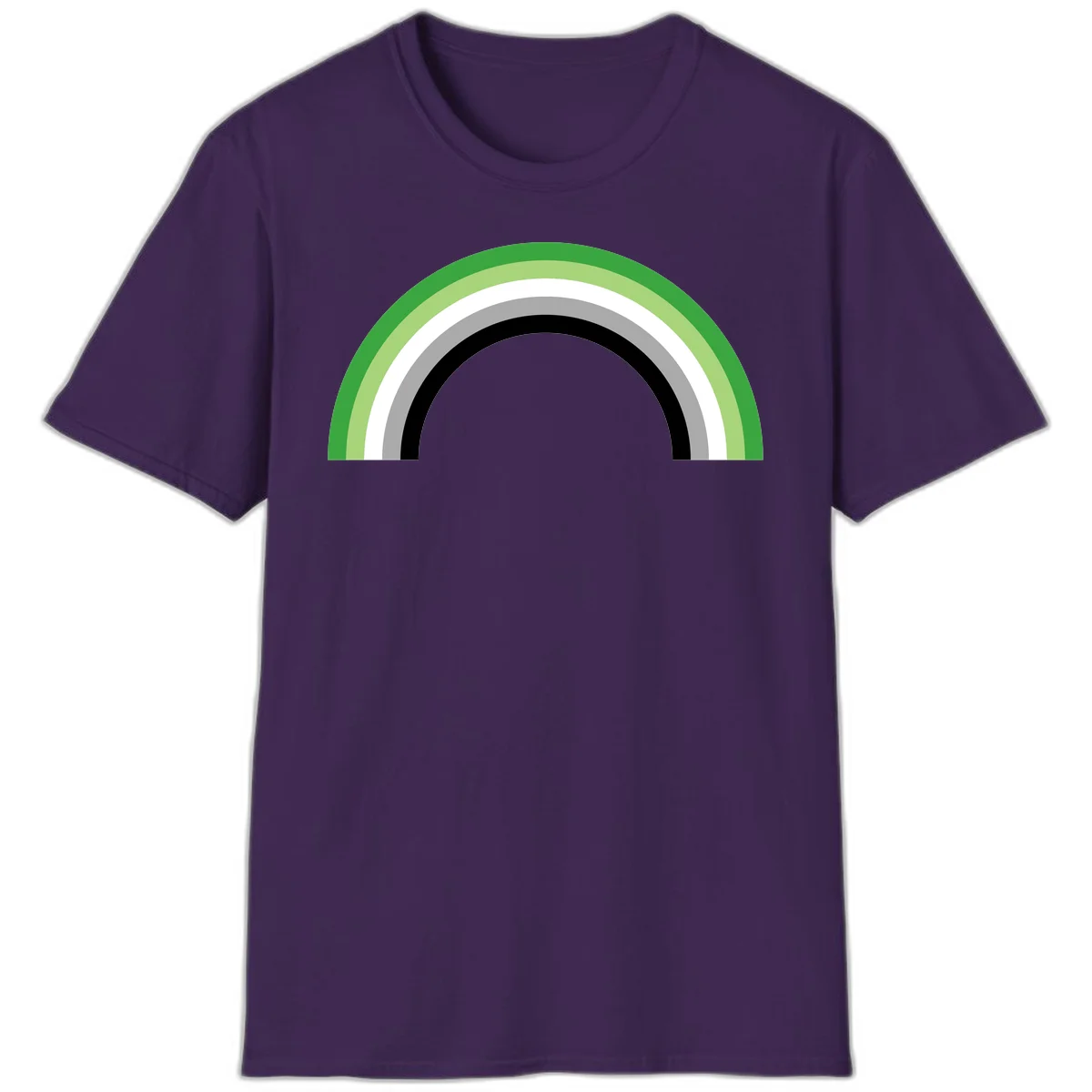 Minimalist rainbow arc design with five concentric colored semicircles in green, light green, white, gray, and black stripes in Purple