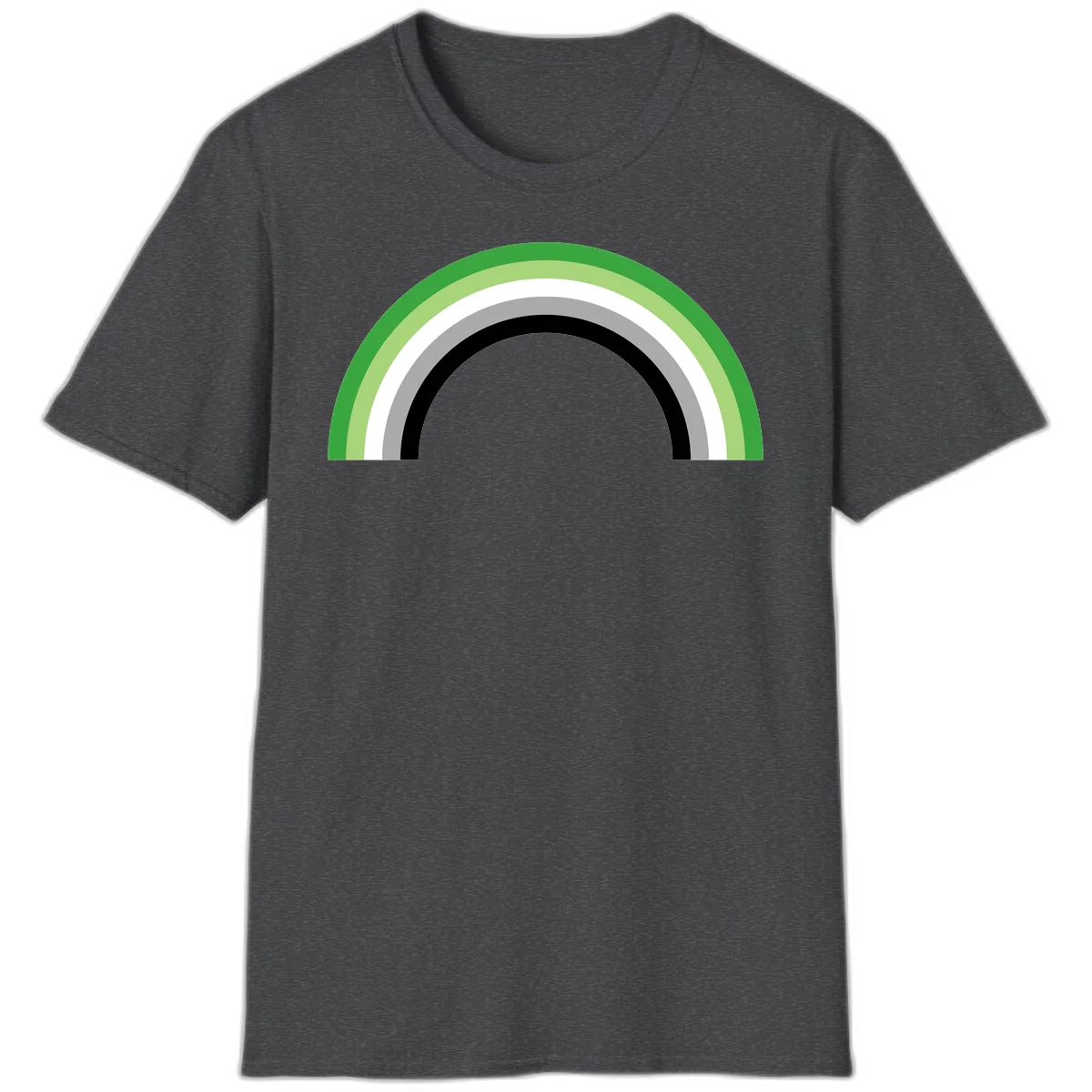 Minimalist rainbow arc design with five concentric colored semicircles in green, light green, white, gray, and black stripes in Dark Heather