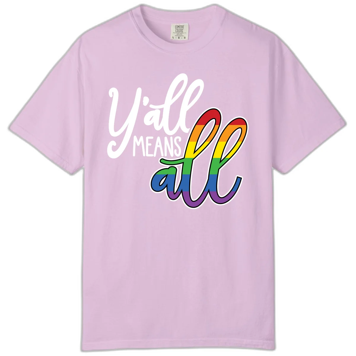 You all Means all Pride design with rainbow cacti featuring red, orange, yellow, green, blue, and purple stripes on gray background in Orchid