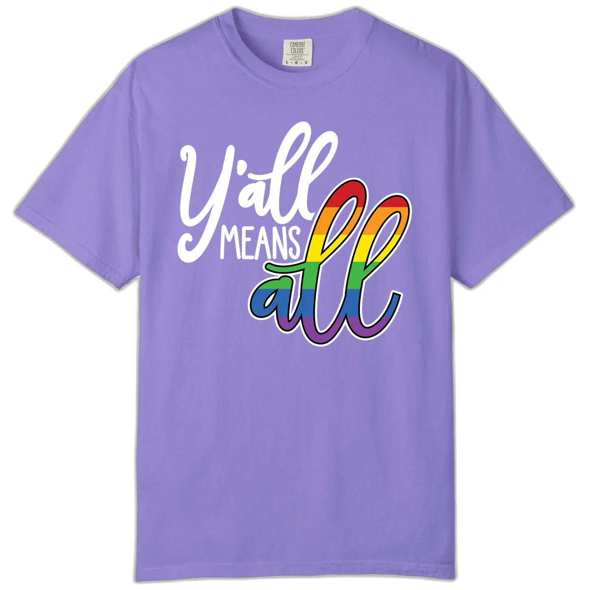 You all Means all Pride design with rainbow cacti featuring red, orange, yellow, green, blue, and purple stripes on gray background in Violet