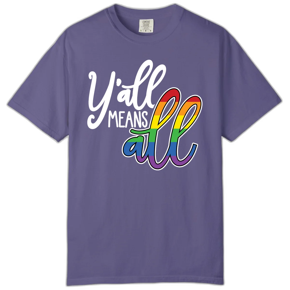 You all Means all Pride design with rainbow cacti featuring red, orange, yellow, green, blue, and purple stripes on gray background in Grape