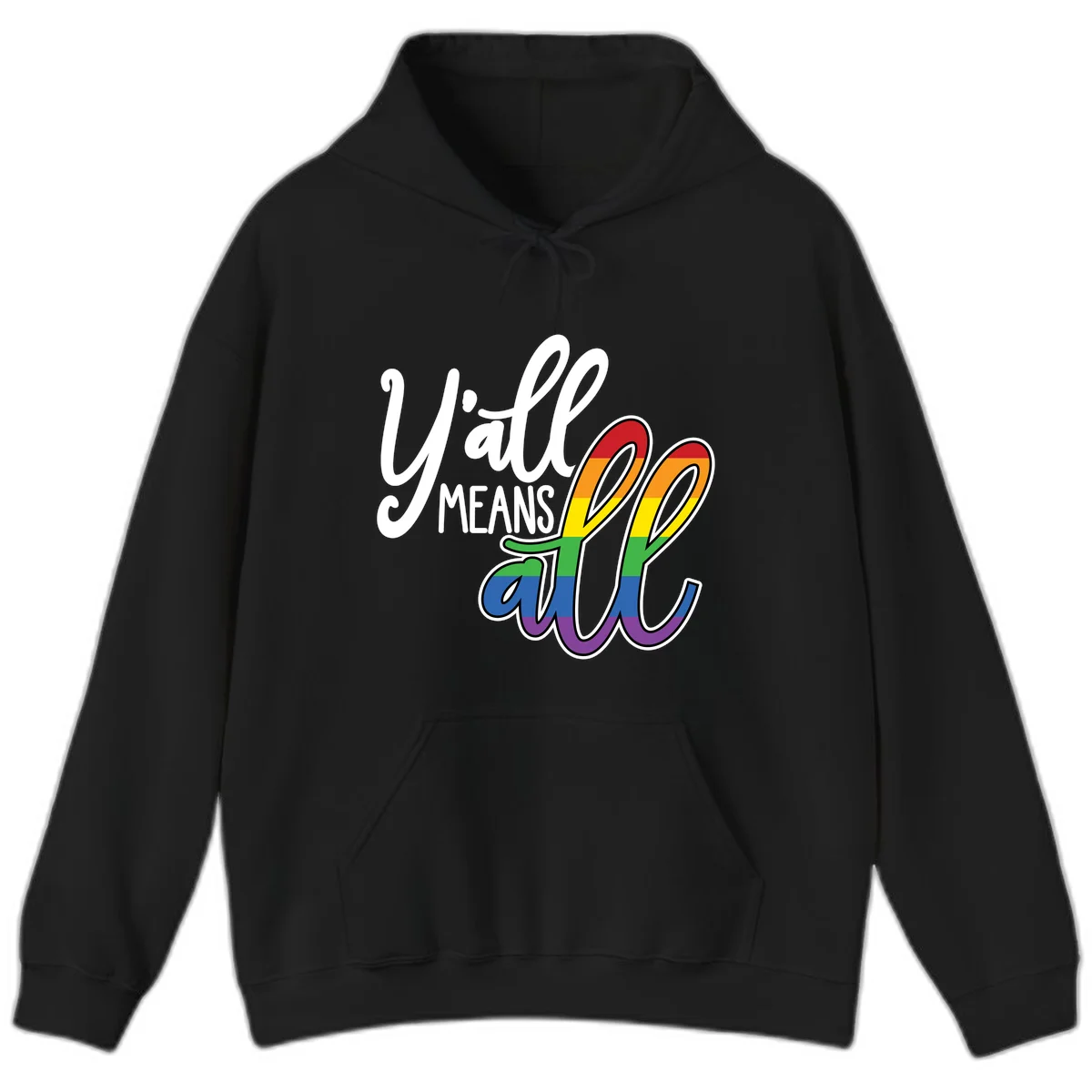 You all Means all Pride design with rainbow cacti featuring red, orange, yellow, green, blue, and purple stripes on gray background in Black