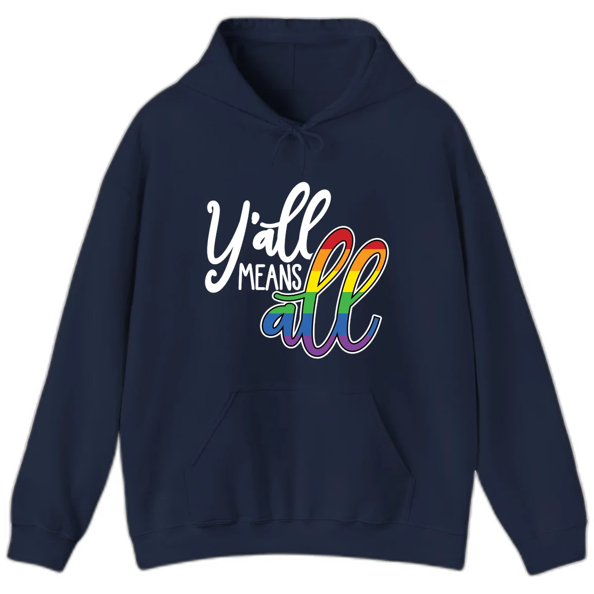 You all Means all Pride design with rainbow cacti featuring red, orange, yellow, green, blue, and purple stripes on gray background in Navy