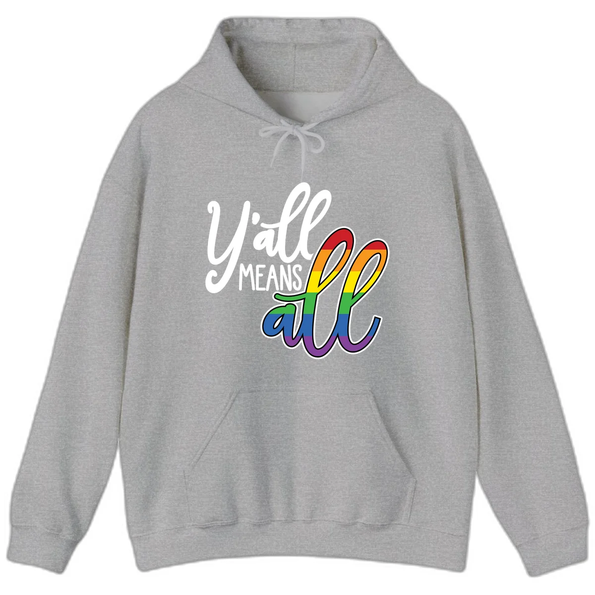 You all Means all Pride design with rainbow cacti featuring red, orange, yellow, green, blue, and purple stripes on gray background in Sport Grey