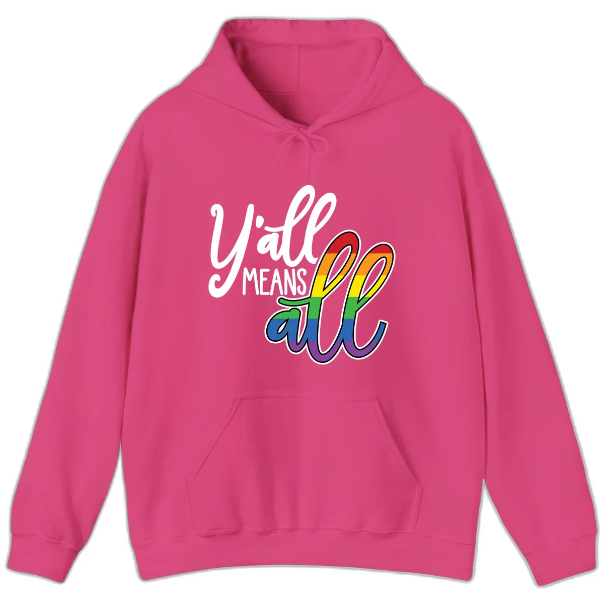 You all Means all Pride design with rainbow cacti featuring red, orange, yellow, green, blue, and purple stripes on gray background in Heliconia