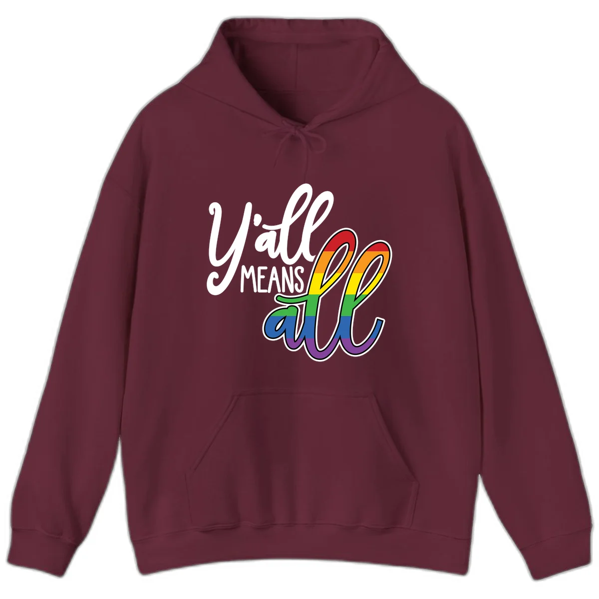 You all Means all Pride design with rainbow cacti featuring red, orange, yellow, green, blue, and purple stripes on gray background in Maroon