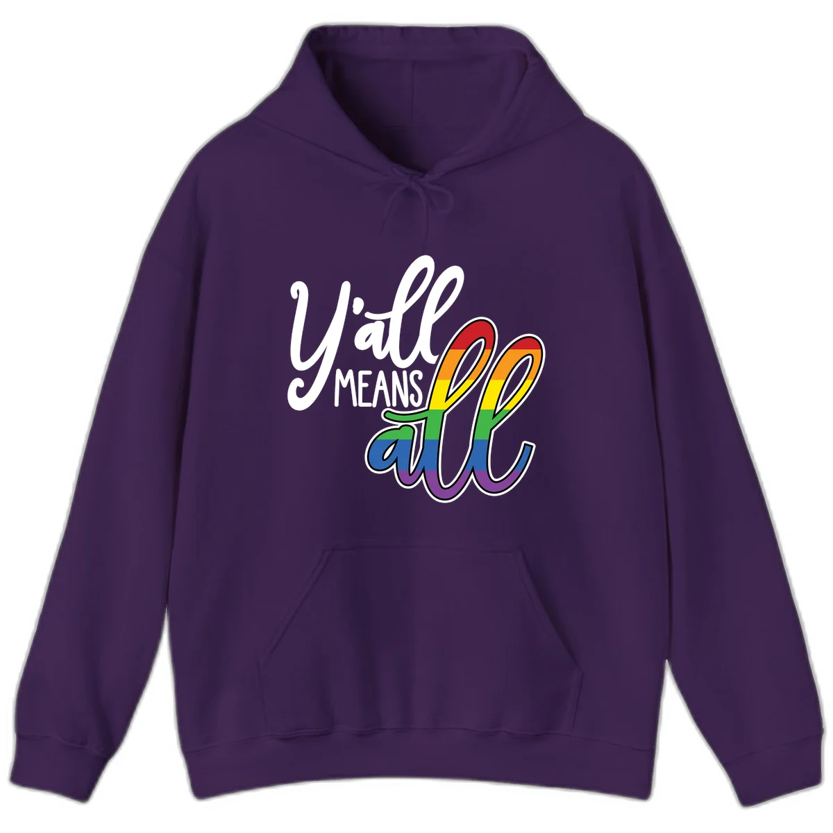 You all Means all Pride design with rainbow cacti featuring red, orange, yellow, green, blue, and purple stripes on gray background in Purple