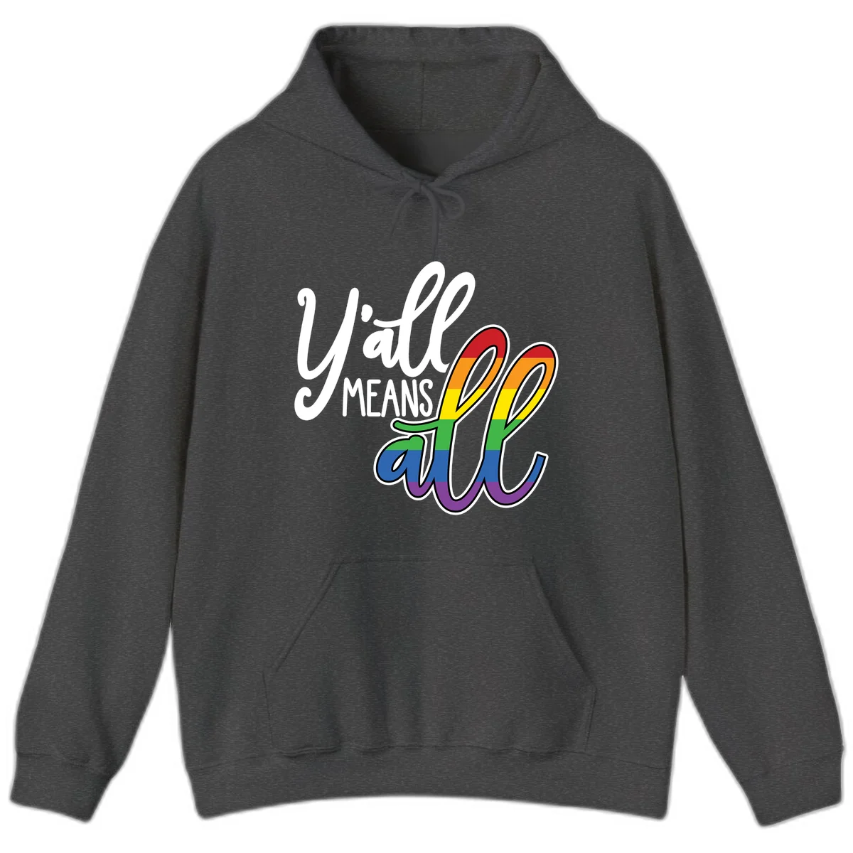 You all Means all Pride design with rainbow cacti featuring red, orange, yellow, green, blue, and purple stripes on gray background in Dark Heather