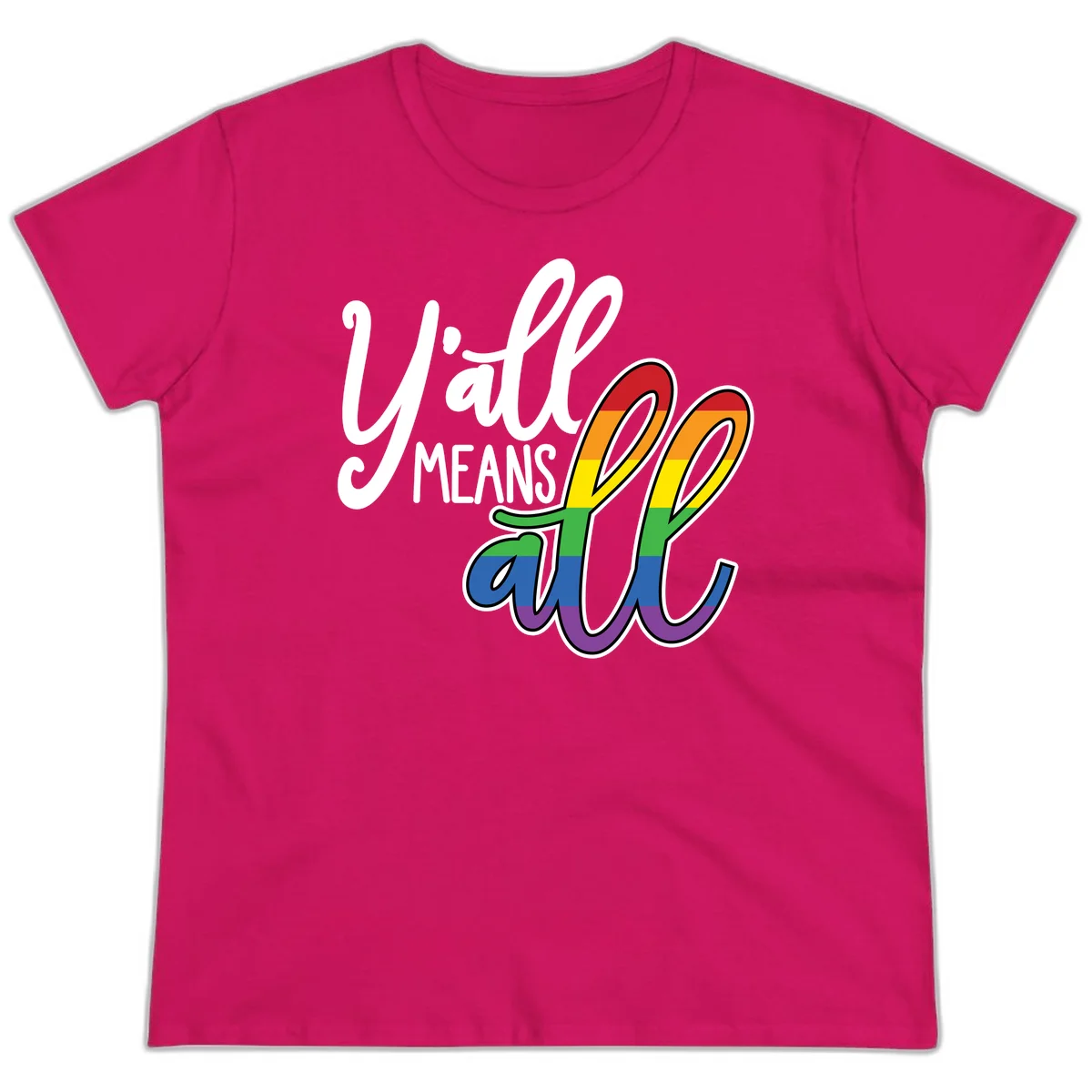 You all Means all Pride design with rainbow cacti featuring red, orange, yellow, green, blue, and purple stripes on gray background in Heliconia