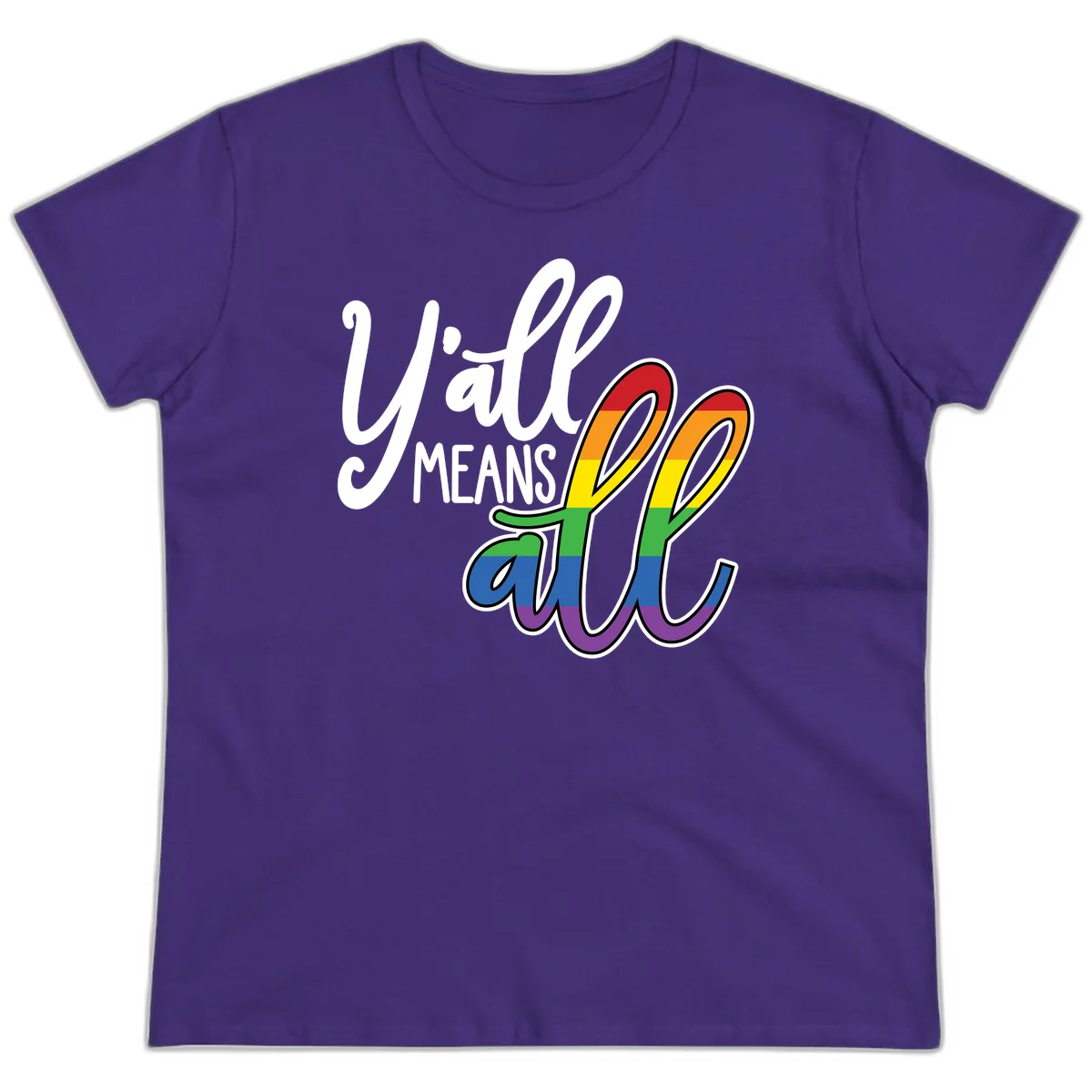 You all Means all Pride design with rainbow cacti featuring red, orange, yellow, green, blue, and purple stripes on gray background in Purple