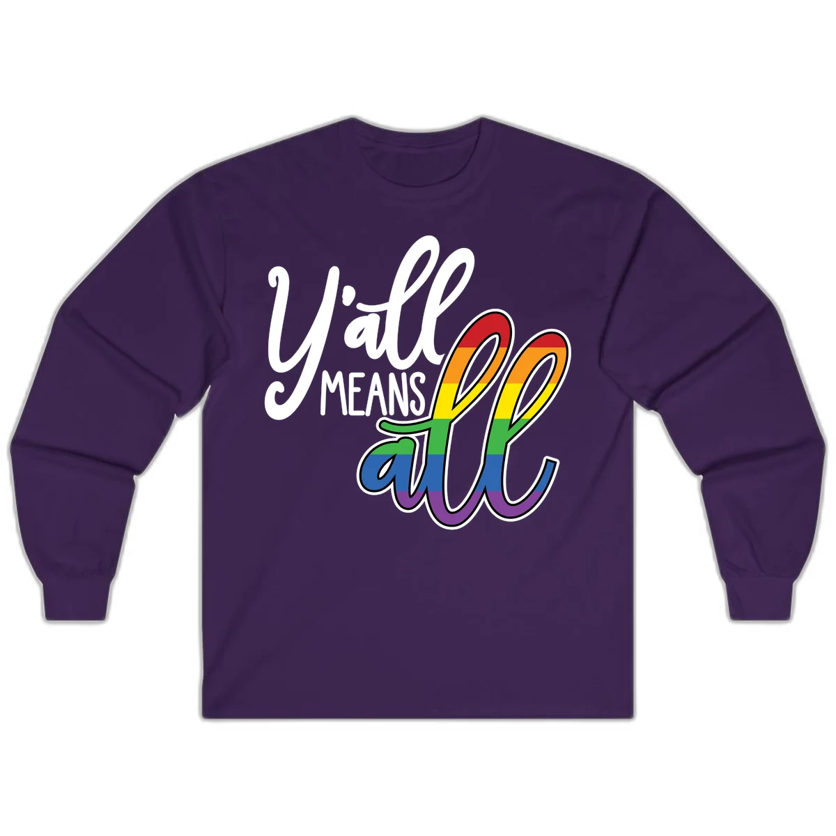 You all Means all Pride design with rainbow cacti featuring red, orange, yellow, green, blue, and purple stripes on gray background in Purple