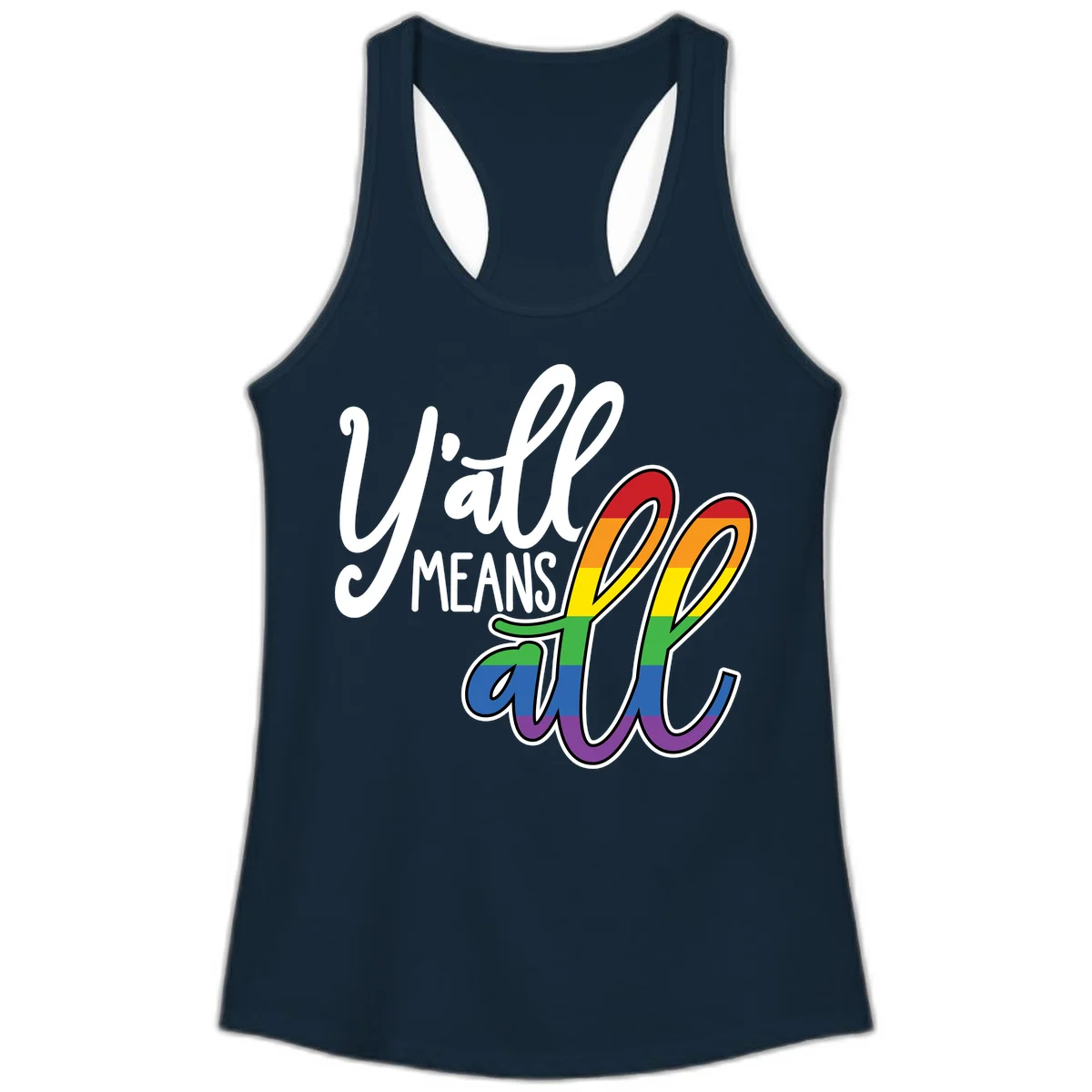 You all Means all Pride design with rainbow cacti featuring red, orange, yellow, green, blue, and purple stripes on gray background in Solid Midnight Navy