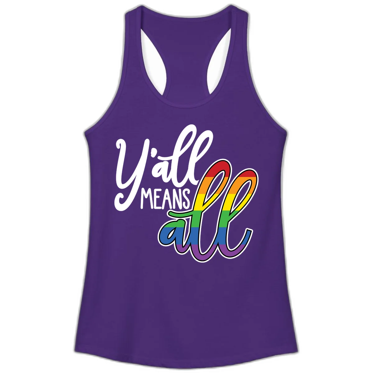You all Means all Pride design with rainbow cacti featuring red, orange, yellow, green, blue, and purple stripes on gray background in Solid Purple Rush