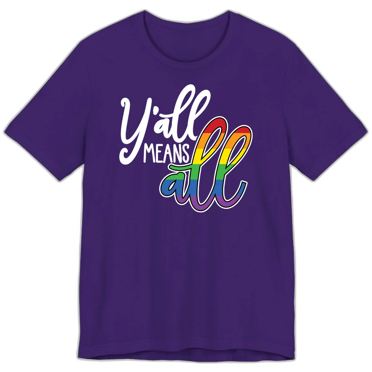 You all Means all Pride design with rainbow cacti featuring red, orange, yellow, green, blue, and purple stripes on gray background in Team Purple