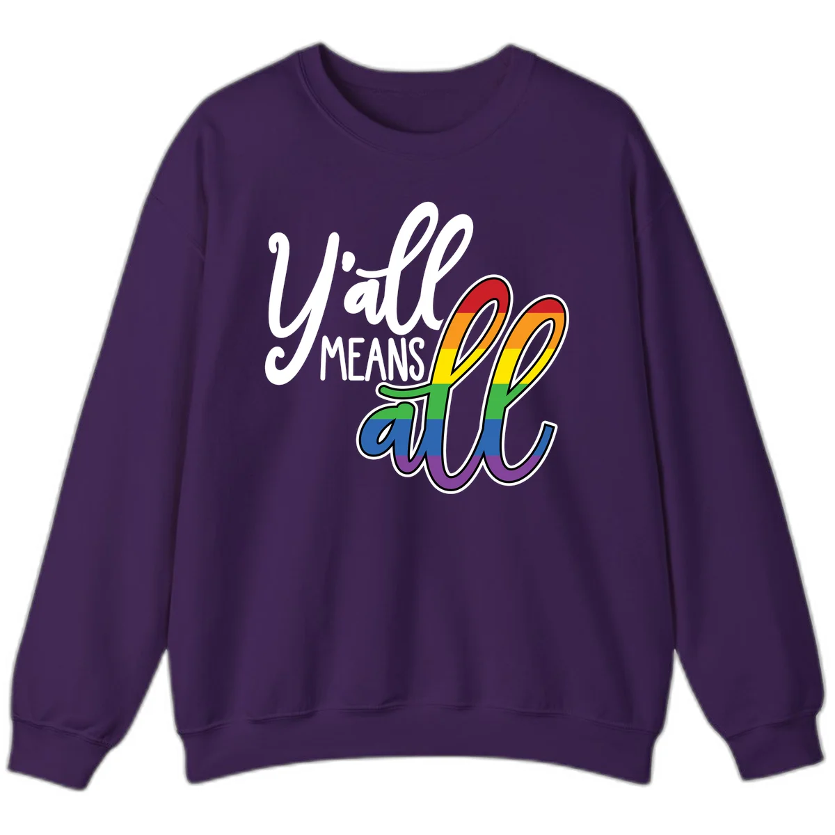 You all Means all Pride design with rainbow cacti featuring red, orange, yellow, green, blue, and purple stripes on gray background in Purple