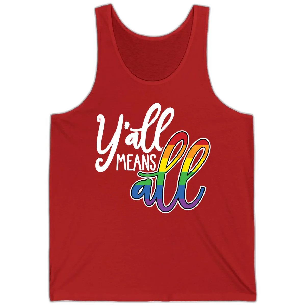 You all Means all Pride design with rainbow cacti featuring red, orange, yellow, green, blue, and purple stripes on gray background in Red