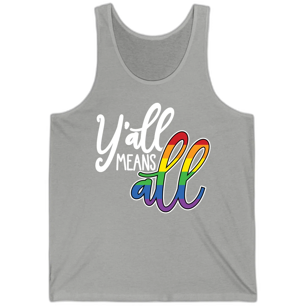 You all Means all Pride design with rainbow cacti featuring red, orange, yellow, green, blue, and purple stripes on gray background in Athletic Heather