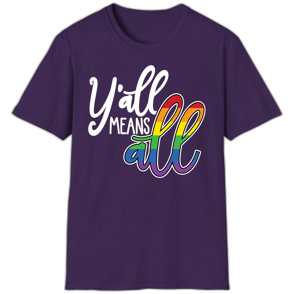 You all Means all Pride design with rainbow cacti featuring red, orange, yellow, green, blue, and purple stripes on gray background in Purple