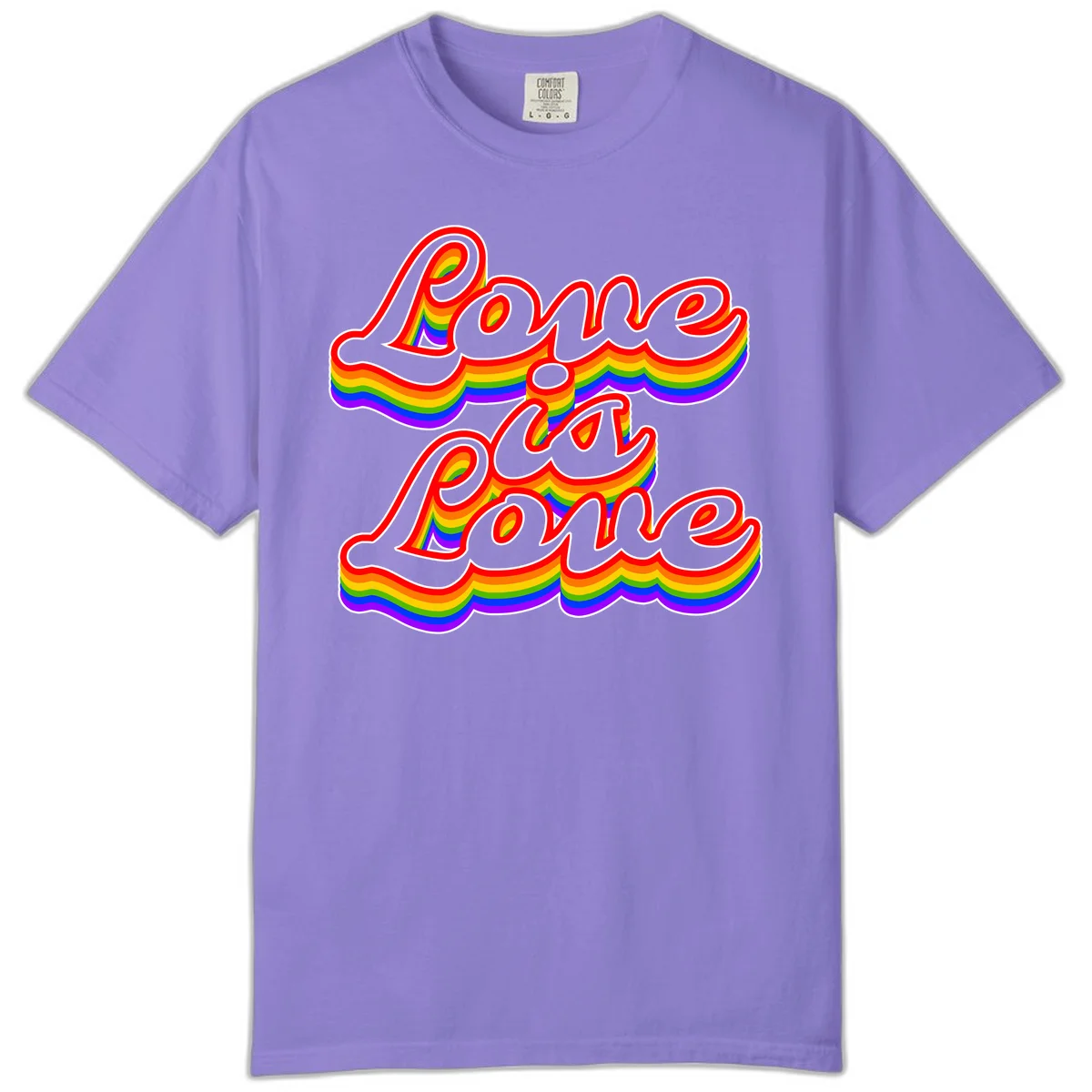 Love is Love rainbow Pride design with layered multicolor text and white outlines on gray background in Violet
