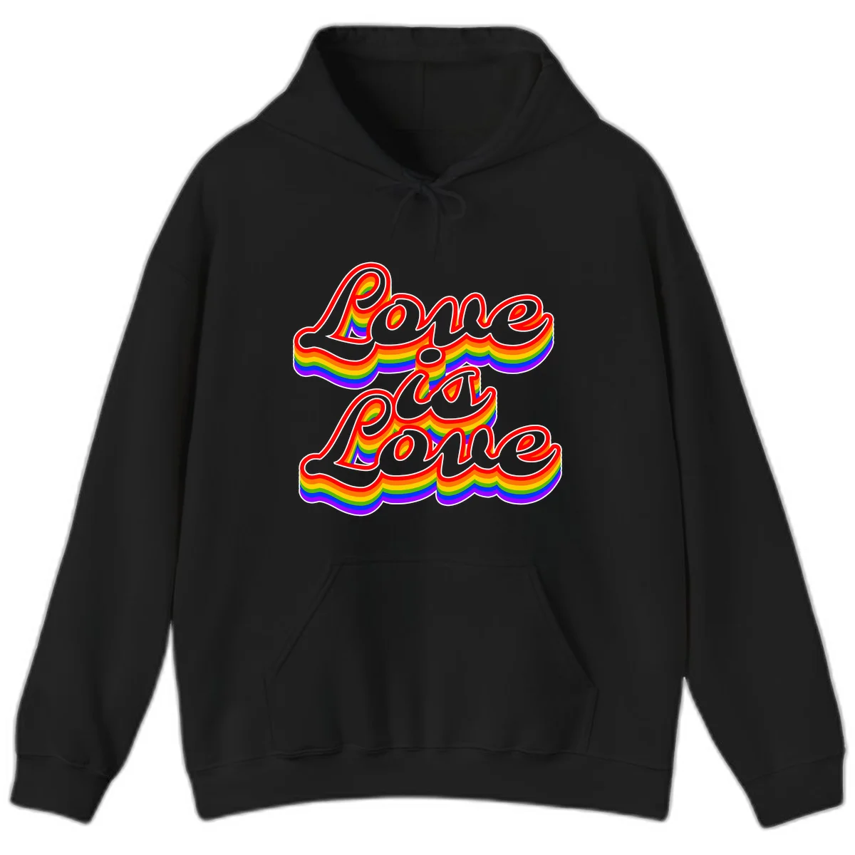 Love is Love rainbow Pride design with layered multicolor text and white outlines on gray background in Black