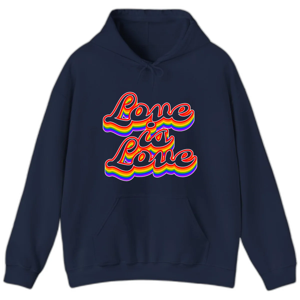 Love is Love rainbow Pride design with layered multicolor text and white outlines on gray background in Navy