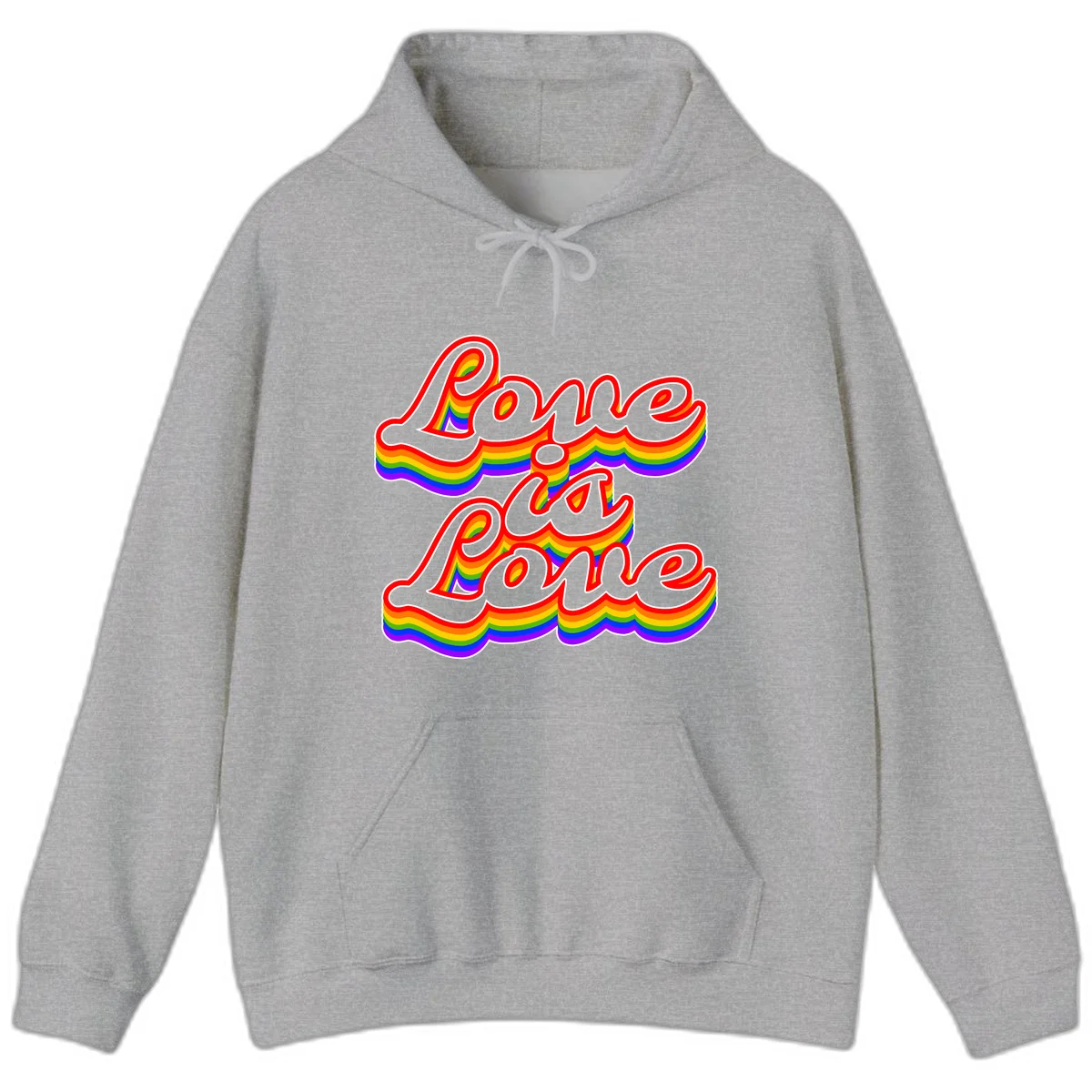 Love is Love rainbow Pride design with layered multicolor text and white outlines on gray background in Sport Grey