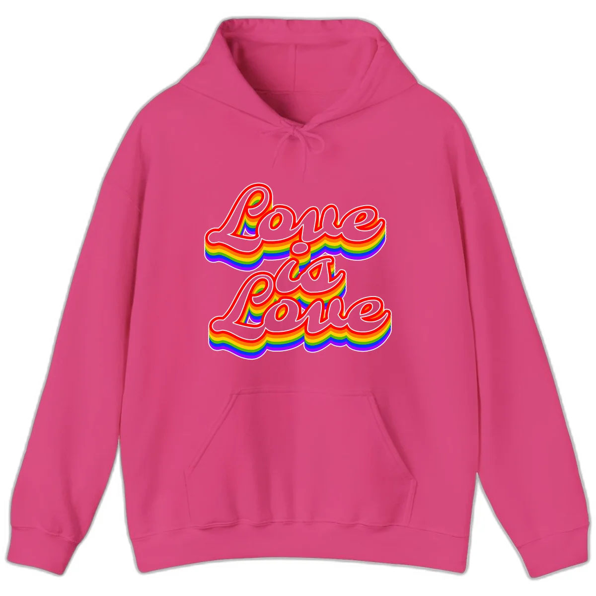 Love is Love rainbow Pride design with layered multicolor text and white outlines on gray background in Heliconia