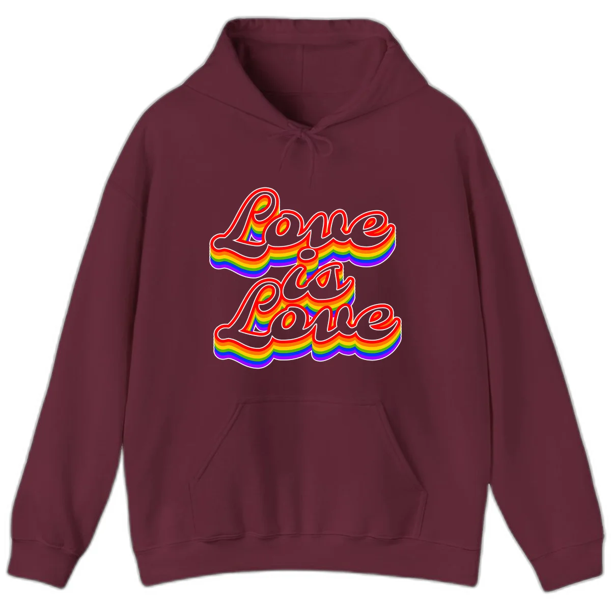Love is Love rainbow Pride design with layered multicolor text and white outlines on gray background in Maroon