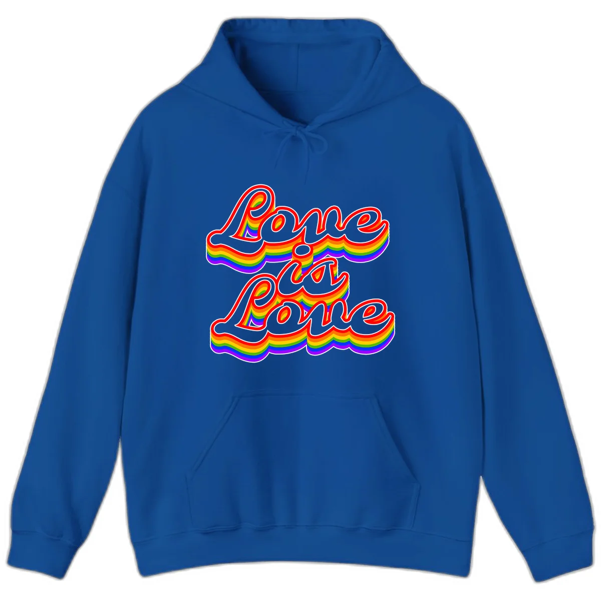 Love is Love rainbow Pride design with layered multicolor text and white outlines on gray background in Royal