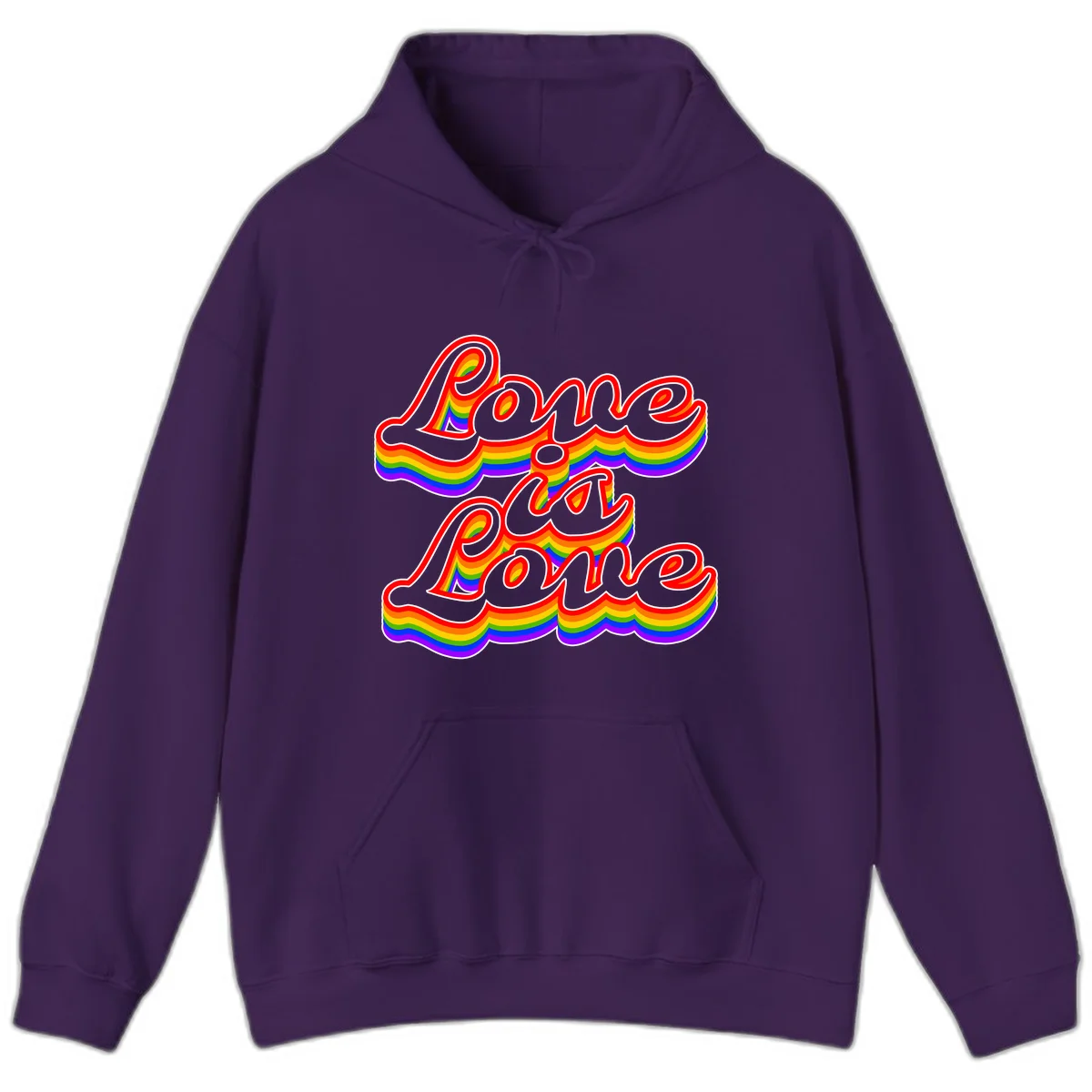 Love is Love rainbow Pride design with layered multicolor text and white outlines on gray background in Purple
