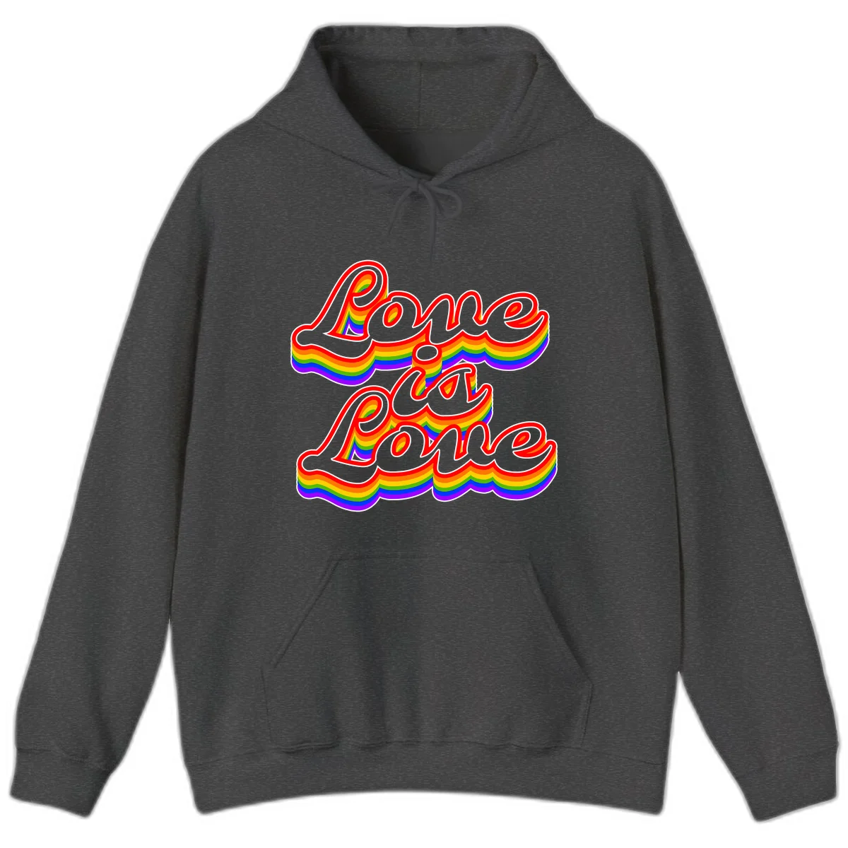 Love is Love rainbow Pride design with layered multicolor text and white outlines on gray background in Dark Heather