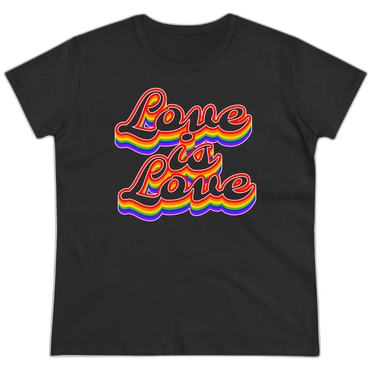 Love is Love rainbow Pride design with layered multicolor text and white outlines on gray background in Black