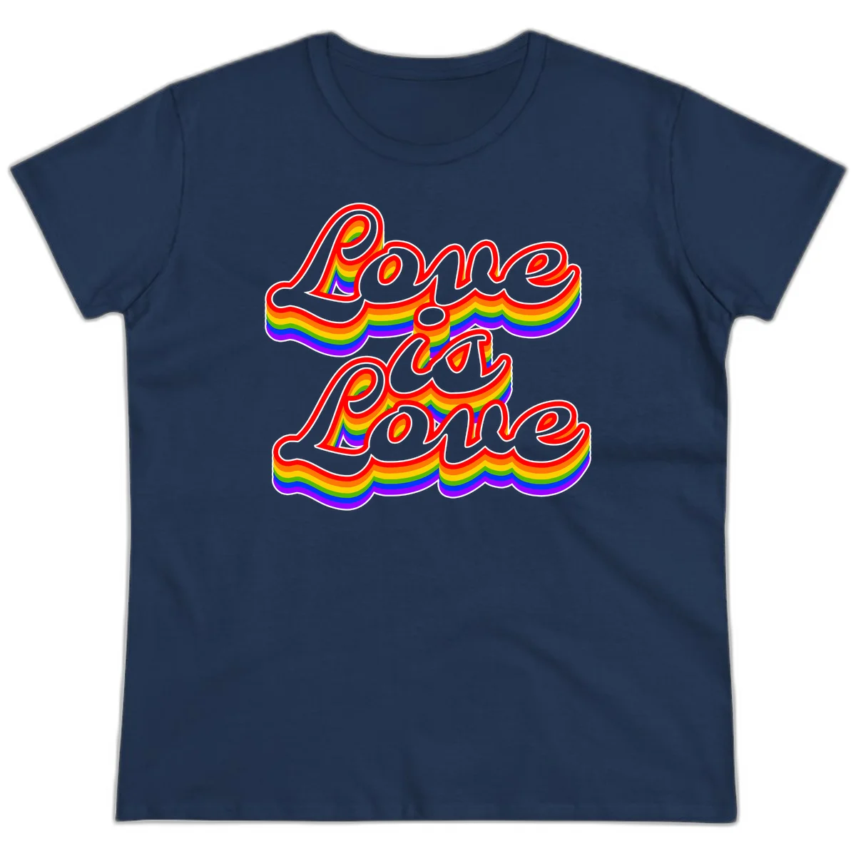Love is Love rainbow Pride design with layered multicolor text and white outlines on gray background in Navy