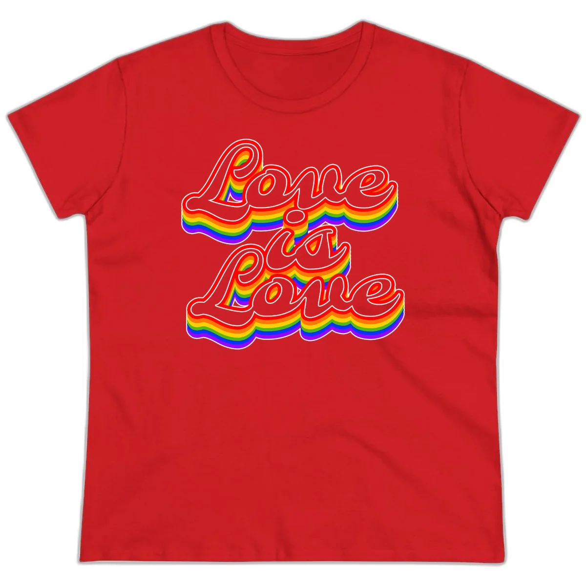 Love is Love rainbow Pride design with layered multicolor text and white outlines on gray background in Red