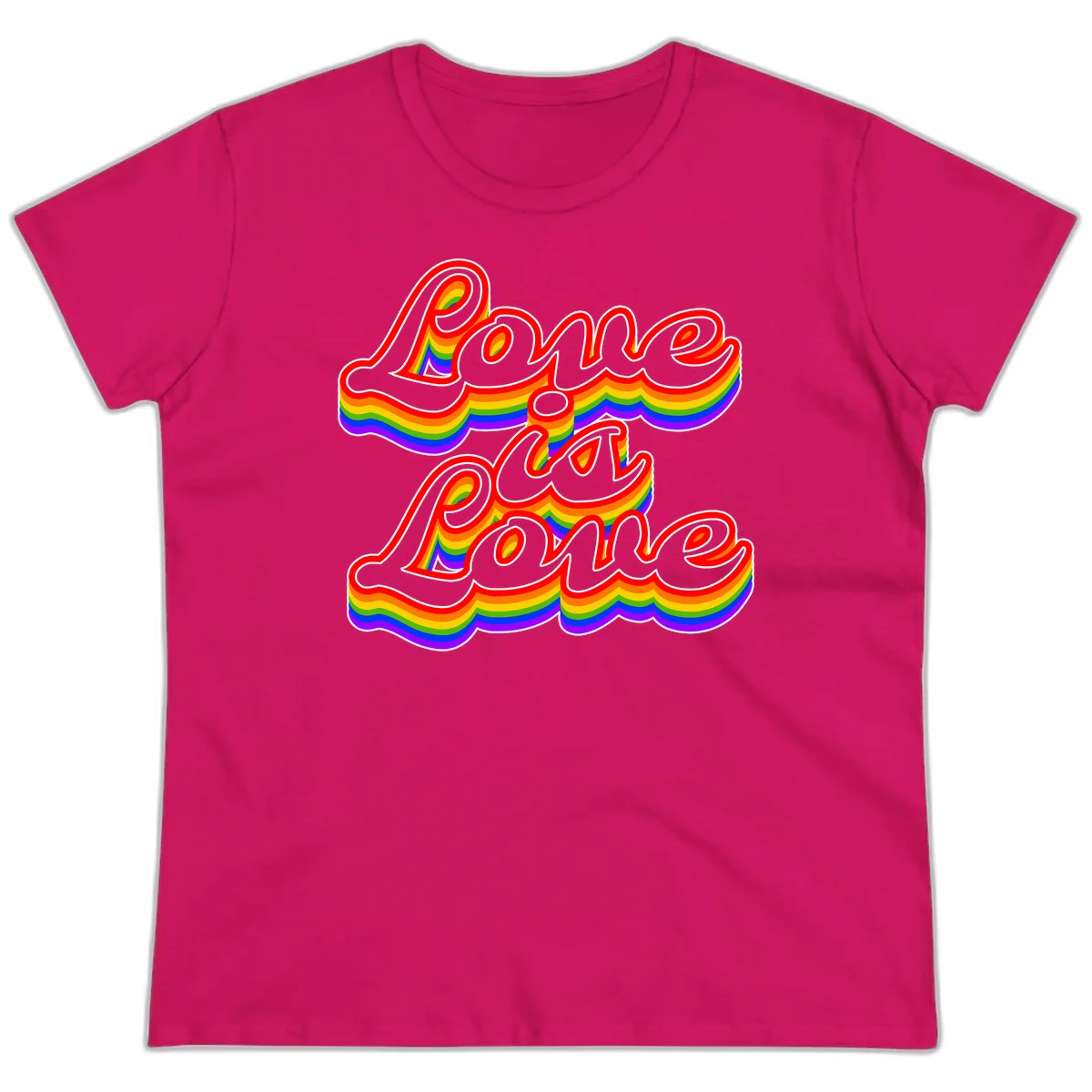 Love is Love rainbow Pride design with layered multicolor text and white outlines on gray background in Heliconia