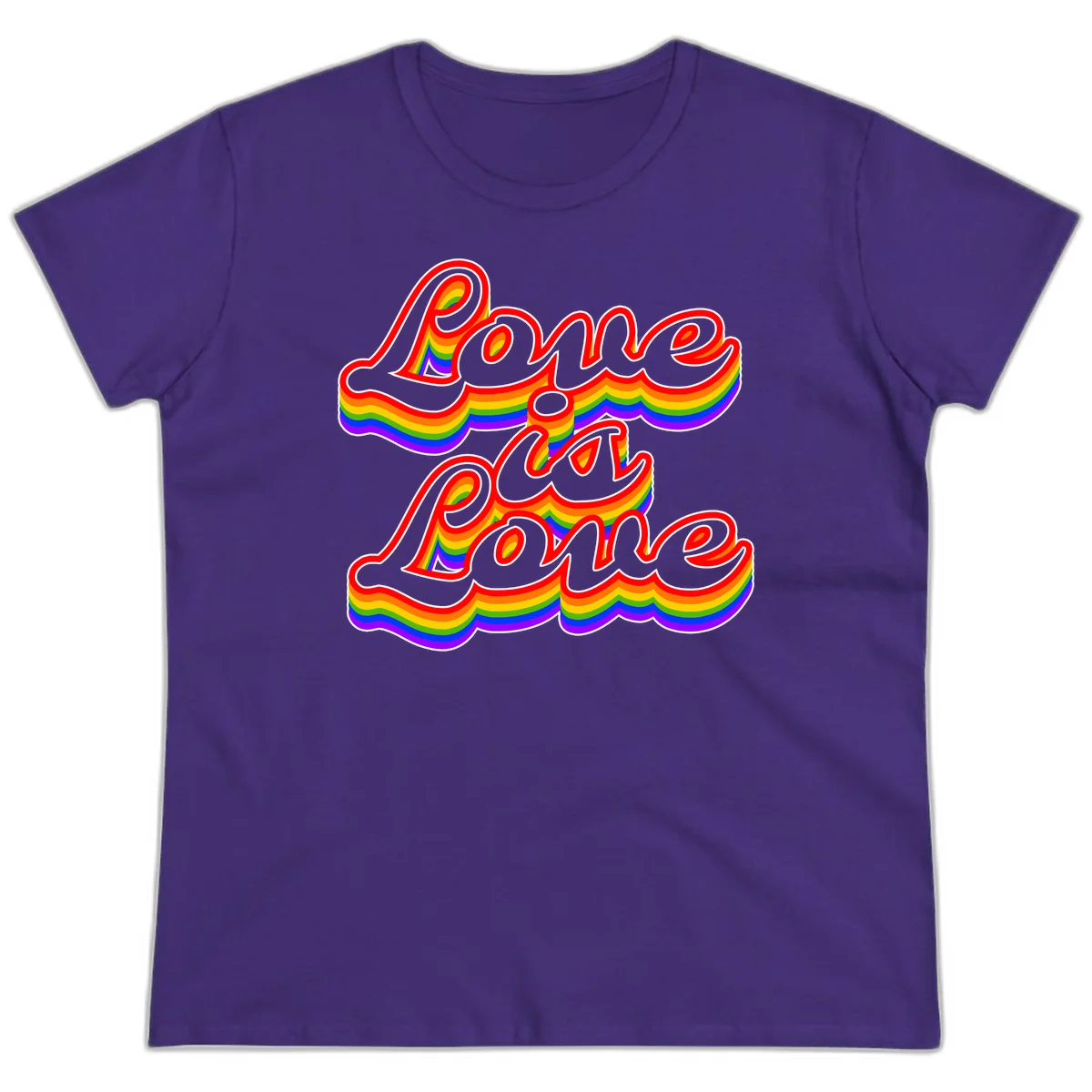 Love is Love rainbow Pride design with layered multicolor text and white outlines on gray background in Purple