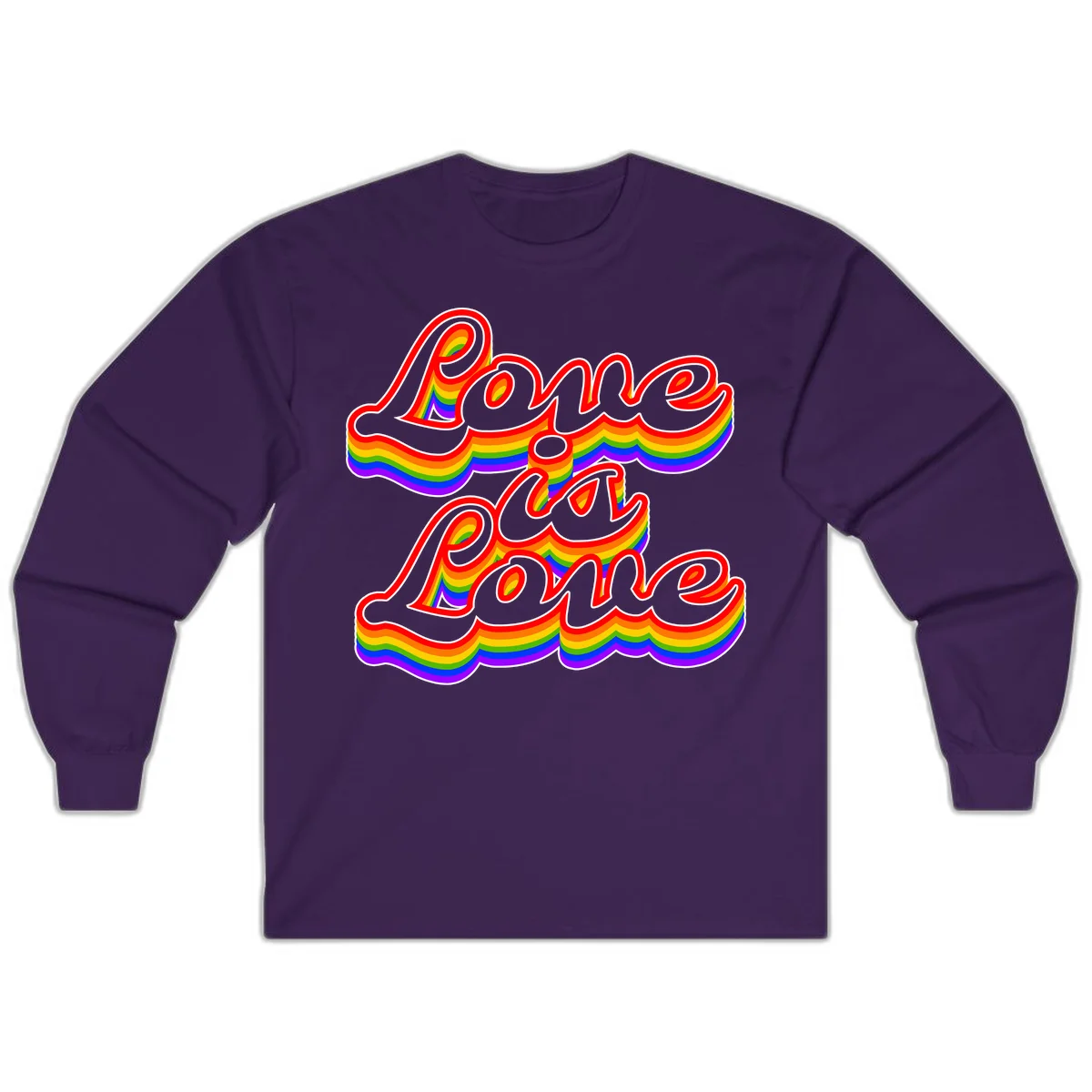 Love is Love rainbow Pride design with layered multicolor text and white outlines on gray background in Purple