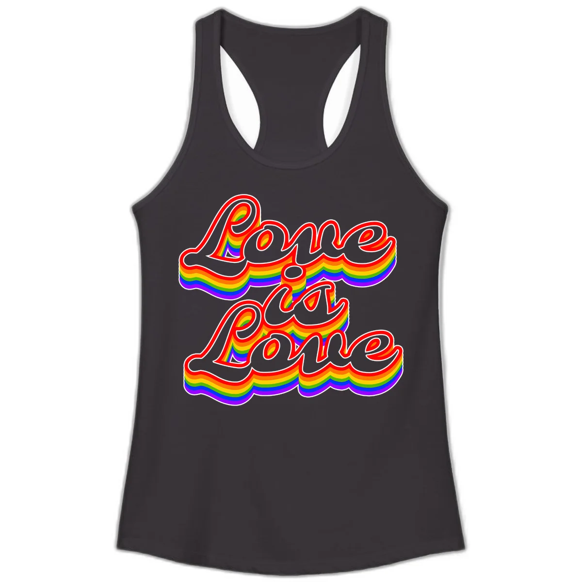 Love is Love rainbow Pride design with layered multicolor text and white outlines on gray background in Black