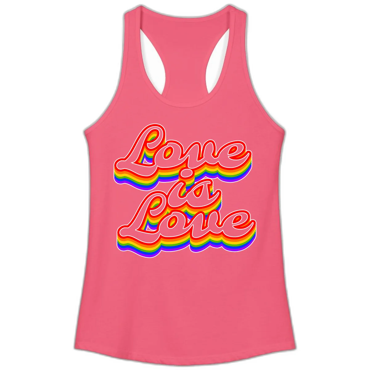Love is Love rainbow Pride design with layered multicolor text and white outlines on gray background in Hot Pink