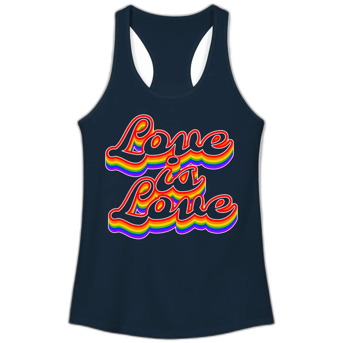Love is Love rainbow Pride design with layered multicolor text and white outlines on gray background in Solid Midnight Navy